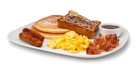 The Hungry Boca breakfast plate with pancakes, french toast, eggs and meats